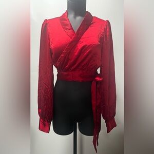 Forever 21 Women's Red Wrap Blouse Top Size M Long Sleeve Side Tie